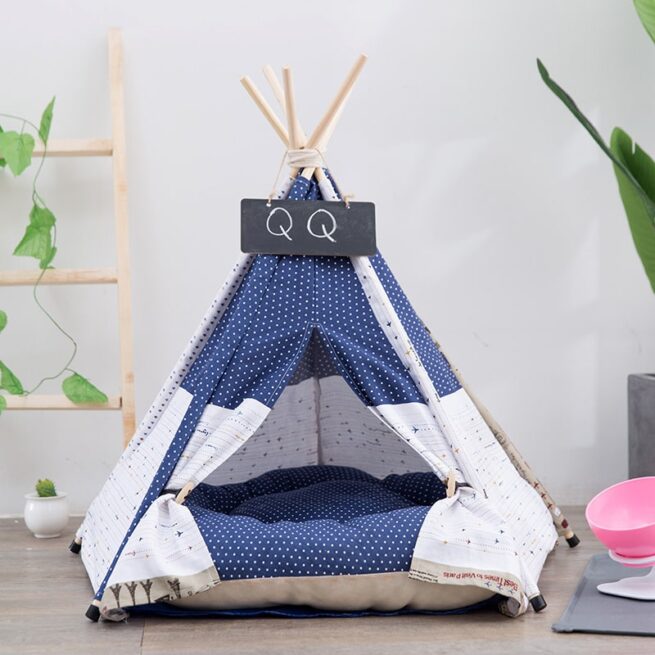 Cama tipi para perros elegante y moderna con estampado azul y puntitos blancos