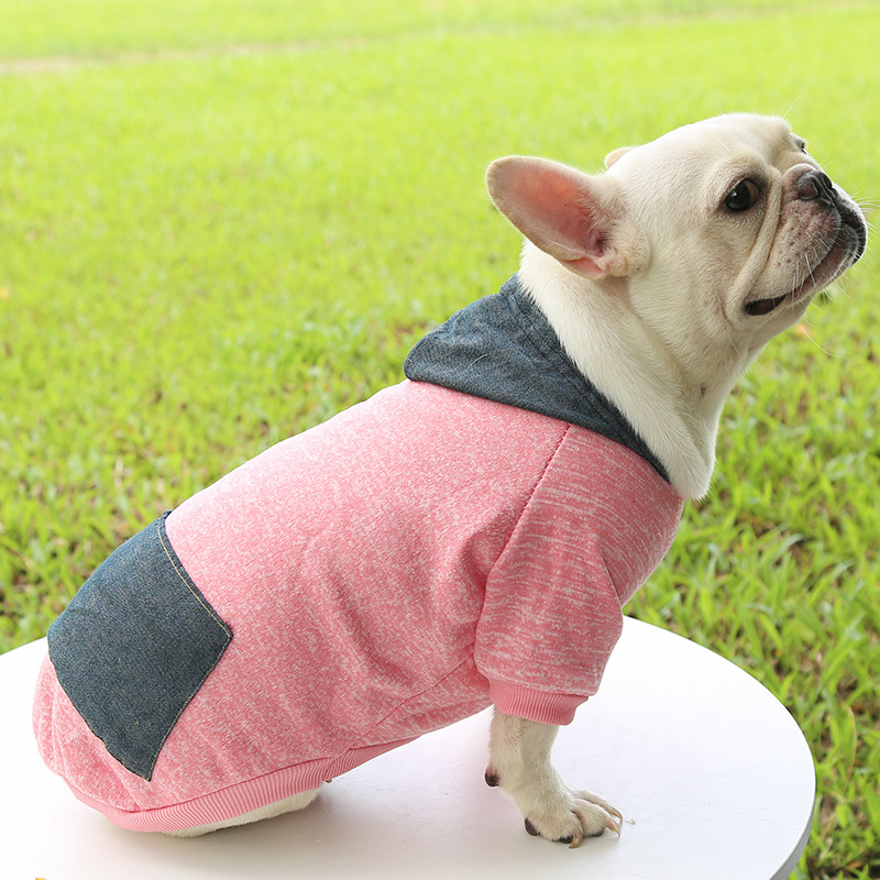 Sudadera con capucha otoñal para perros color rojo claro con la capucha azul