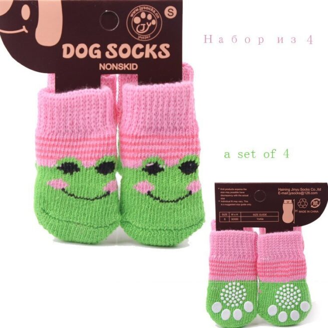 Calcetines para perros, color verde y rosa con cara de ranita