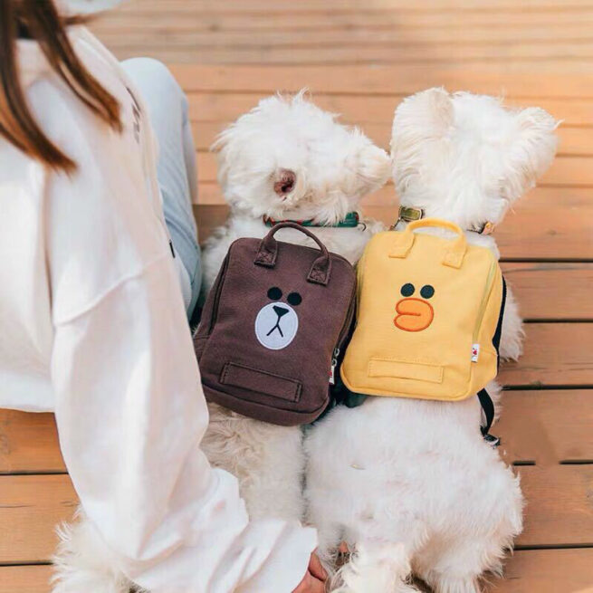 Mochila moderna para perros amarilla con cara de patito y al lado la de osito